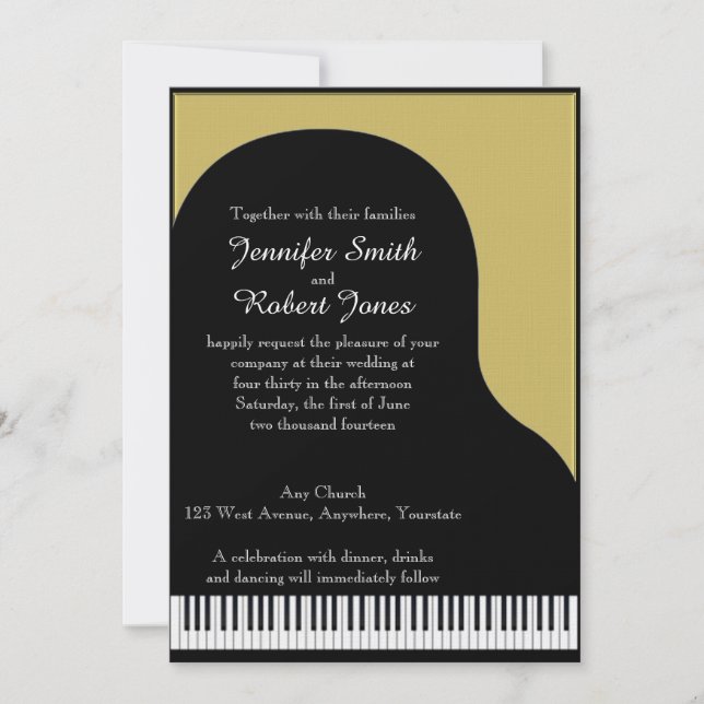 Invitación a la boda de piano negro y oro (Anverso)