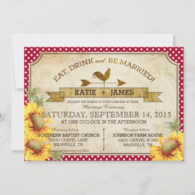 Invitación a la boda de picnic de girasoles y gall (Anverso)