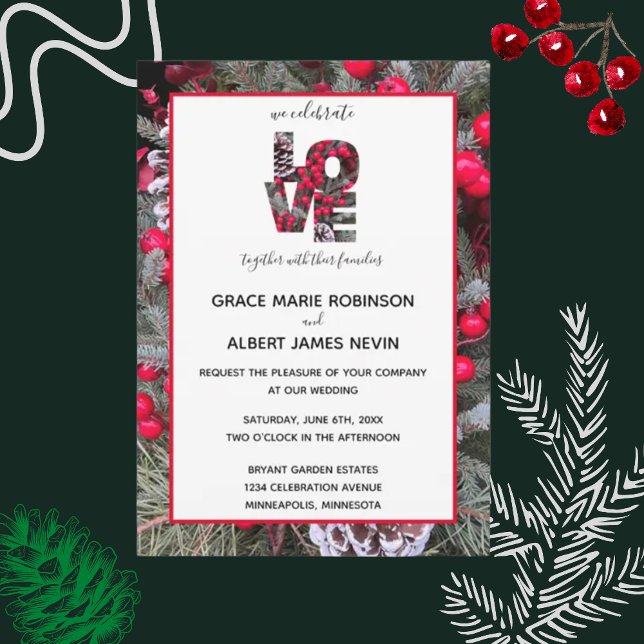 Invitación a la boda de Pinecone Evergreens Red Be (Subido por el creador)