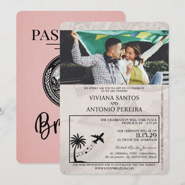 Invitación a la boda de Pink Brazil Passport (Anverso / Reverso)