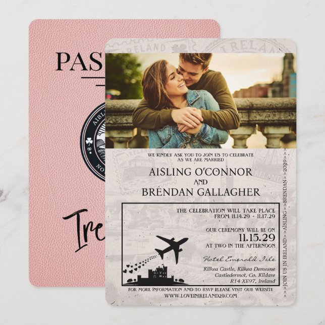 Invitación a la boda de Pink Ireland Passport (Anverso / Reverso)