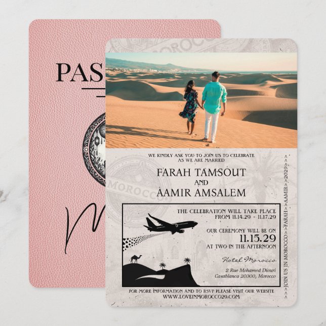 Invitación a la boda de Pink Morocco Passport (Anverso / Reverso)