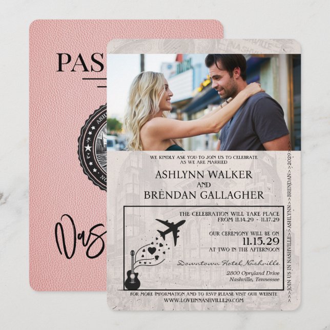 Invitación a la boda de Pink Nashville Passport (Anverso / Reverso)