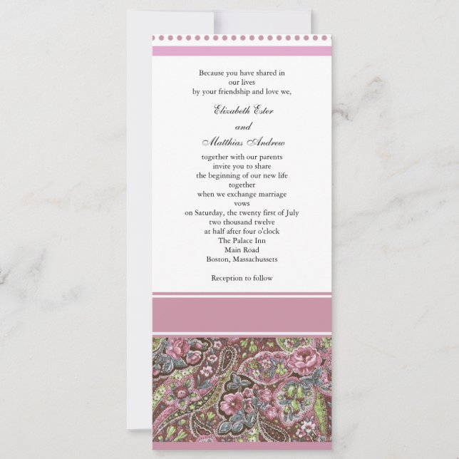 Invitación a la boda de Pink Paisley (Anverso)