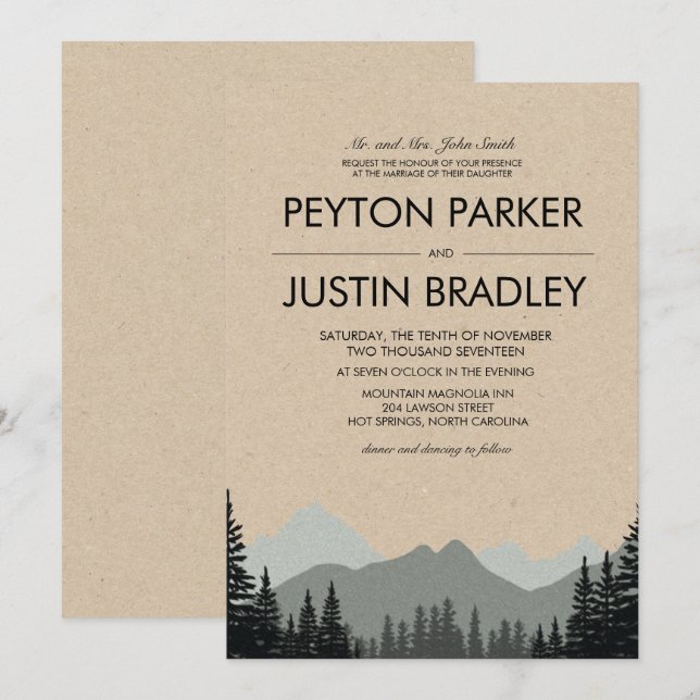 Invitación a la boda de pinos rústicos (Anverso / Reverso)