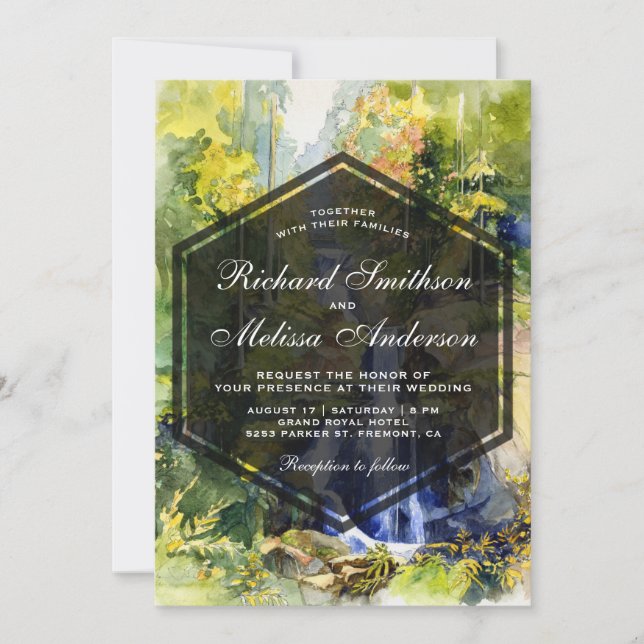 Invitación a la boda de pintura de cascada paisaji (Anverso)