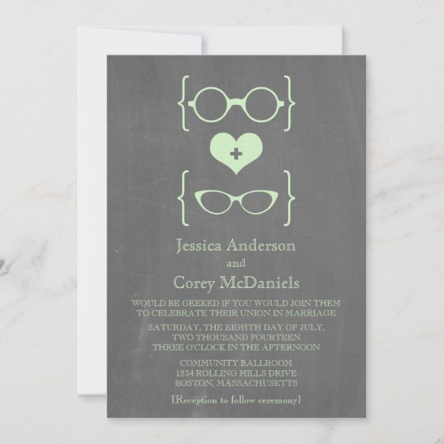 Invitación a la boda de pizarra de gafas verdes (Anverso)