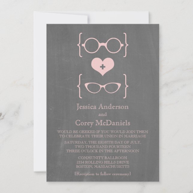 Invitación a la boda de pizarras de gafas rosadas (Anverso)