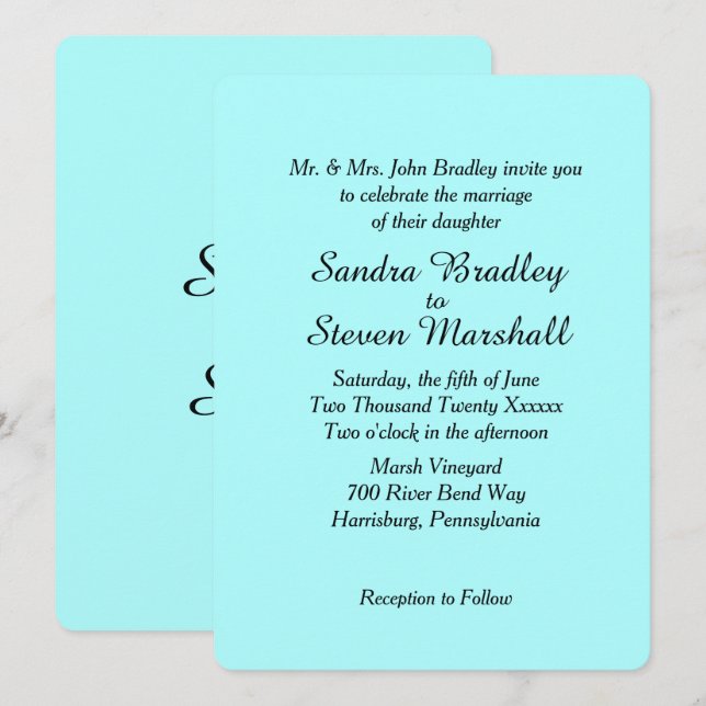 Invitación a la boda de Plain Aqua (Anverso / Reverso)