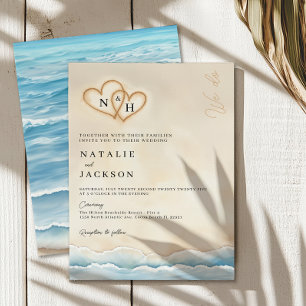Invitación a la boda de playa con corazones de are