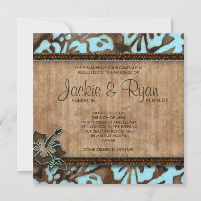 Invitación a la boda de playa Hibiscus Blue Brown (Anverso)