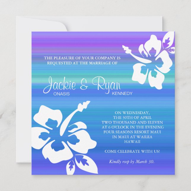 Invitación a la boda de playa Hibiscus Blue Purple (Anverso)