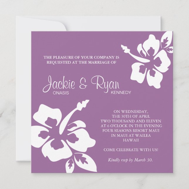 Invitación a la boda de playa Hibiscus Flower Purp (Anverso)