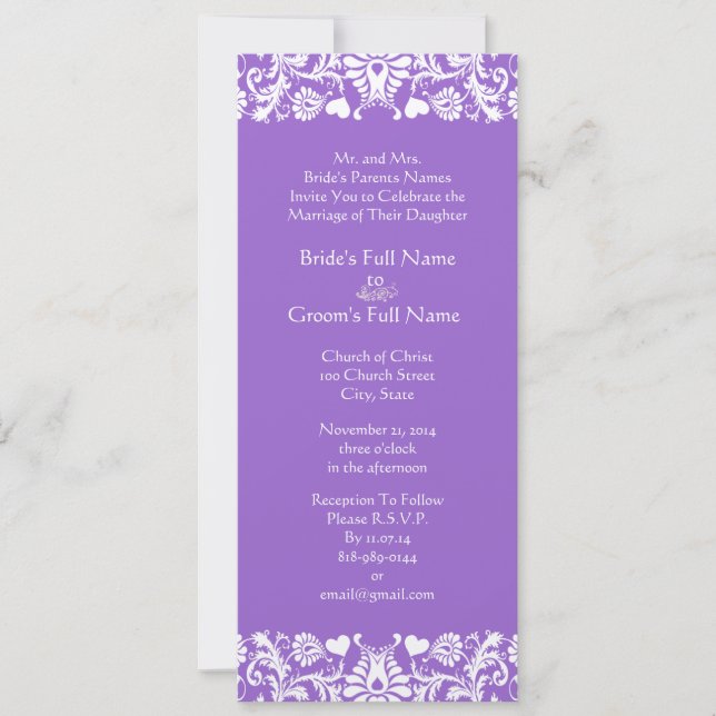 Invitación a la boda de Plum Damask Swirls (Anverso)
