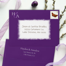 Invitación a la boda de Plum Purple, con dirección