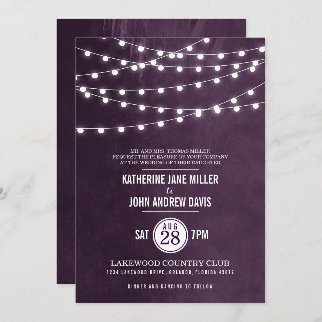 Invitación a la boda de Plum String Lights (Anverso / Reverso)