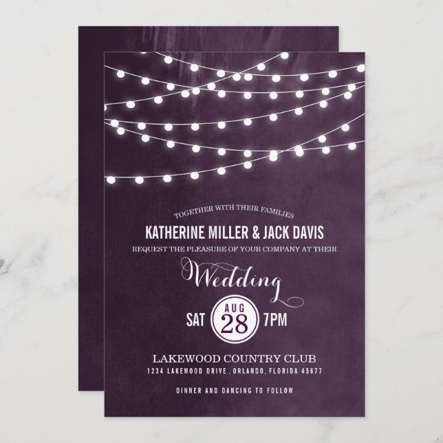 Invitación a la boda de Plum String Lights (Anverso / Reverso)