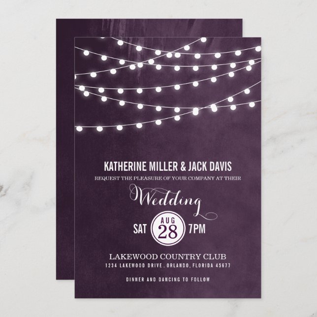 Invitación a la boda de Plum String Lights (Anverso / Reverso)