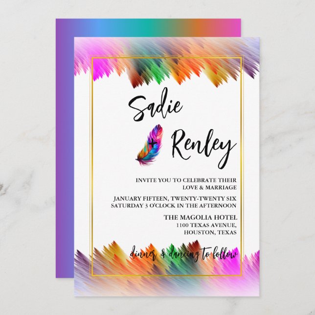 Invitación a la boda de plumas arcoiris (Anverso / Reverso)