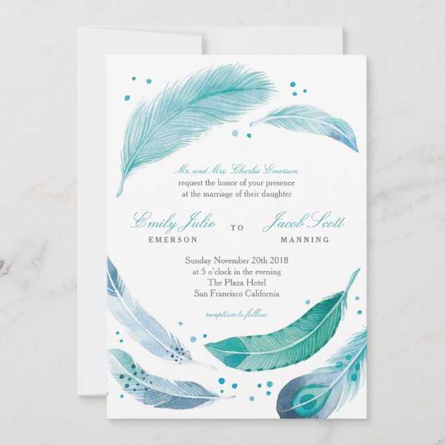 Invitación a la boda de plumas azules (Anverso)
