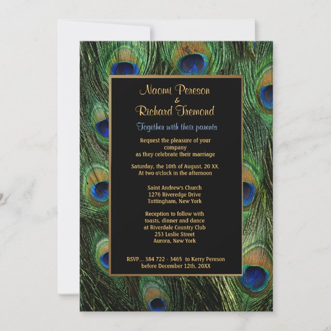 Invitación a la boda de plumas de pavo real (Anverso)