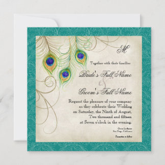 Invitación a la boda de plumas de pavo real - Azul