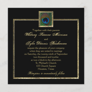 Invitación a la boda de plumas de pavo real negro 