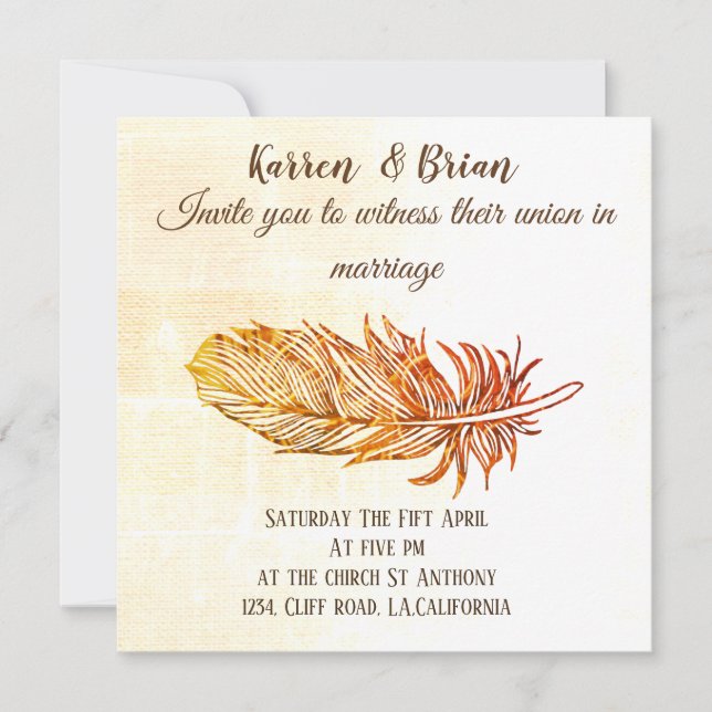 Invitación a la boda de plumas doradas (Anverso)