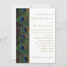 Invitación a la boda de plumas marrón y pavo real 