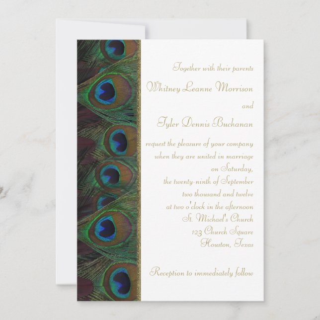 Invitación a la boda de plumas marrón y pavo real  (Anverso)