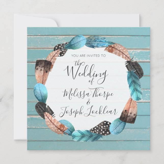 Invitación a la boda de plumas rusticas de madera  (Anverso)