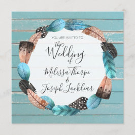 Invitación a la boda de plumas rusticas de madera
