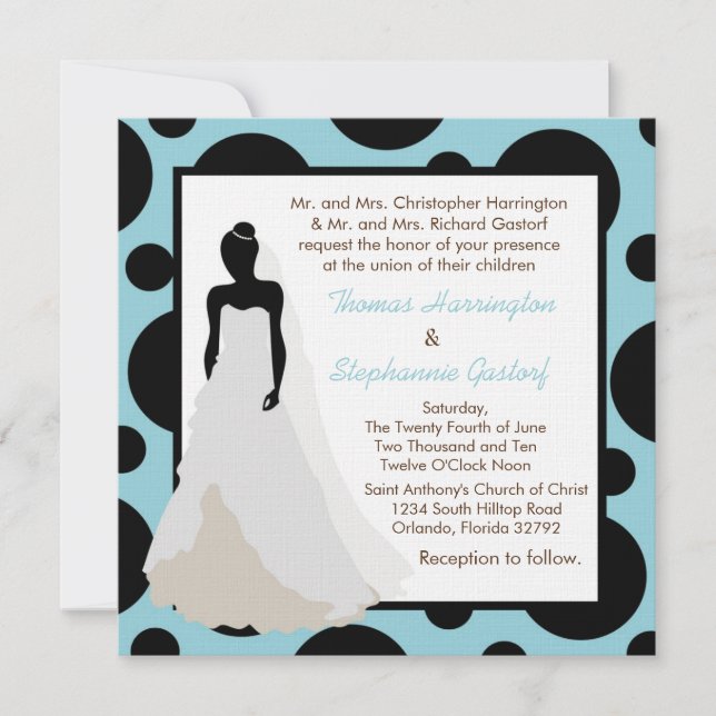 Invitación a la boda de pok-a-dot azul claro las 5 (Anverso)