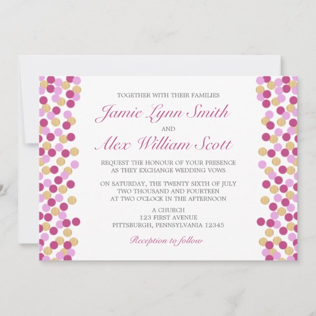 Invitación a la boda de polka morada y dorada (Anverso)