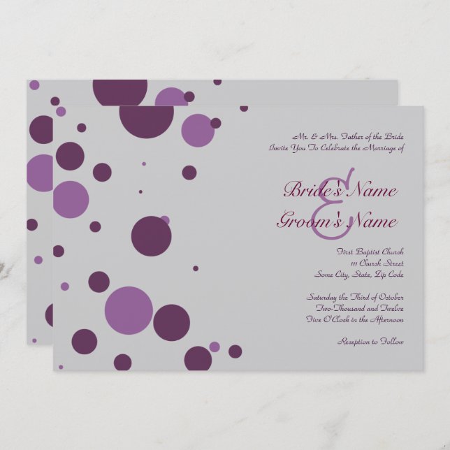 Invitación a la boda de polka morada y plateada (Anverso / Reverso)
