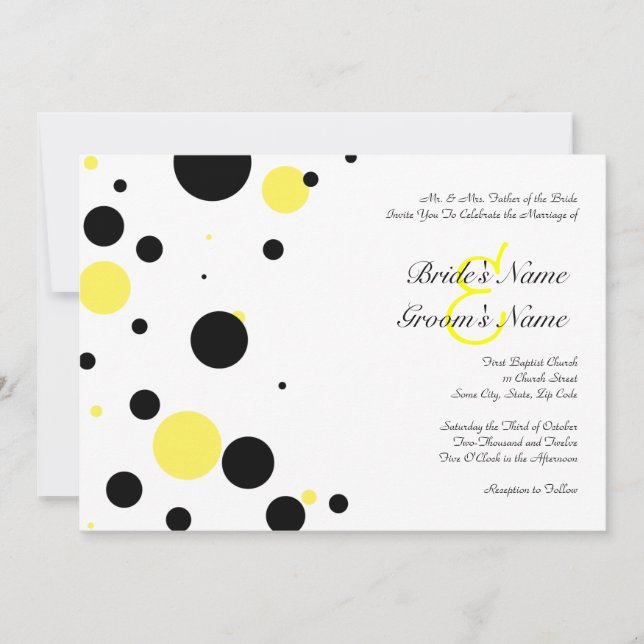 Invitación a la boda de polka negra y amarilla (Anverso)