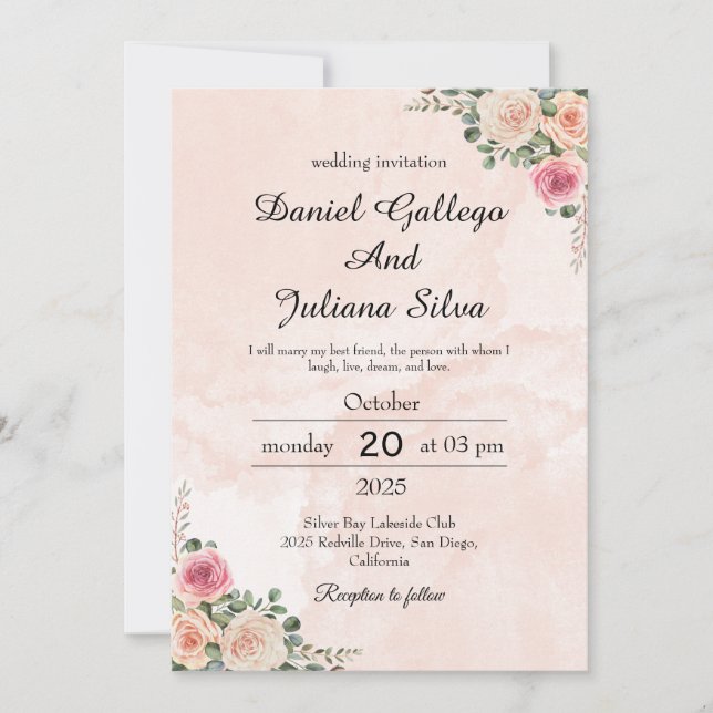Invitación a la boda de primavera con floral crema (Anverso)