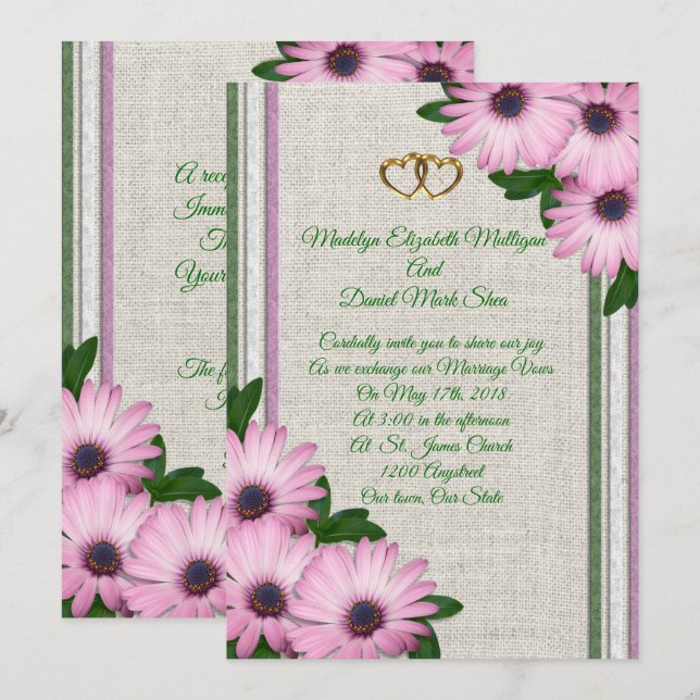 Invitación a la boda de primavera Daisies on linen (Anverso / Reverso)