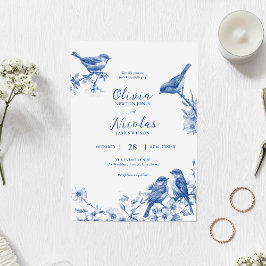 Invitación a la boda de primavera de las aves azul