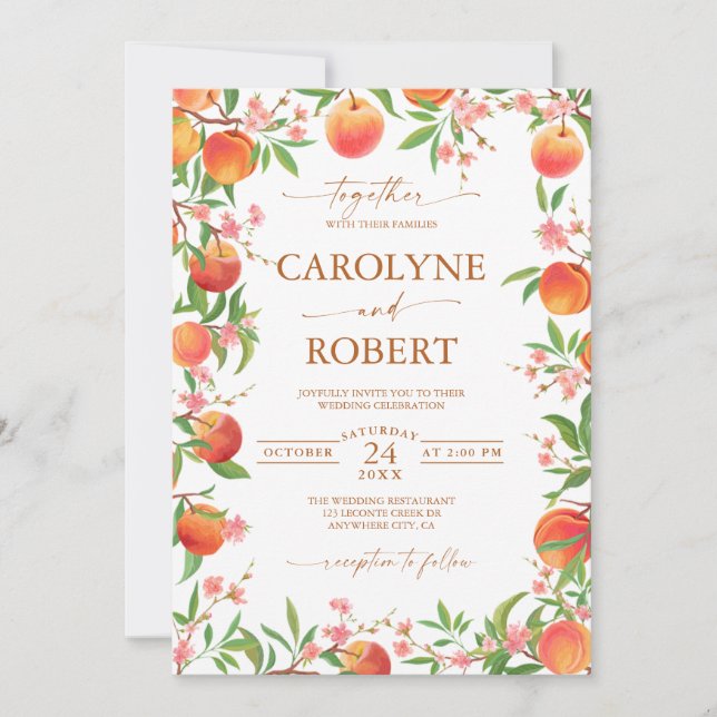 Invitación a la boda de primavera de melocotones y (Anverso)