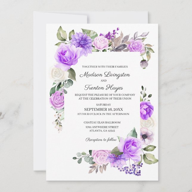 Invitación a la boda de Primavera Floral Púrpura (Anverso)