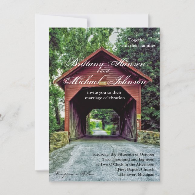 Invitación a la boda de puente cubierta de madera  (Anverso)