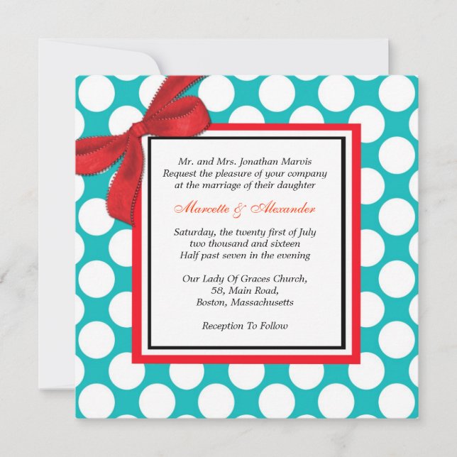 Invitación a la boda de Punto de Polka Rojo y Aqua (Anverso)