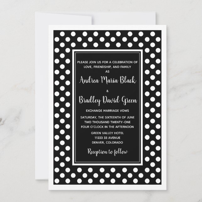 Invitación a la boda de Punto Polka Blanco Negro (Anverso)