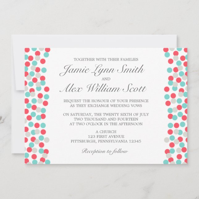 Invitación a la boda de puntos Aqua y Coral Polka (Anverso)
