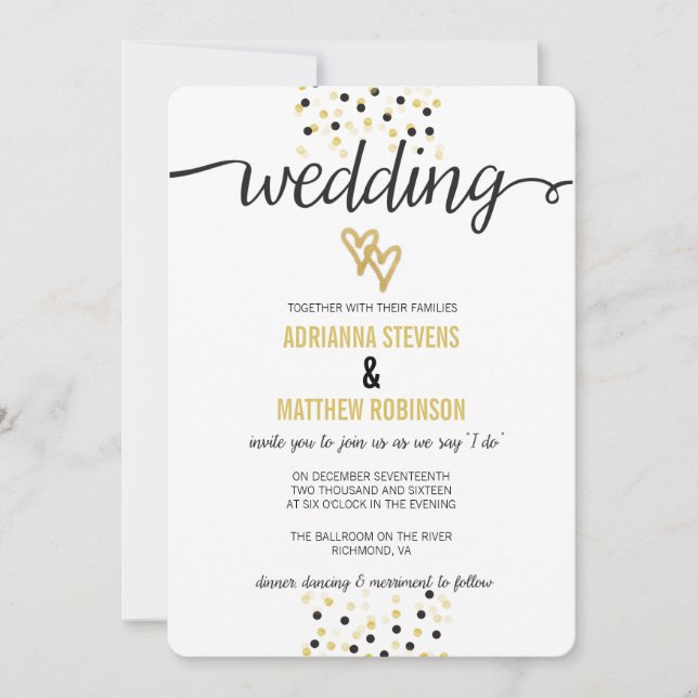 Invitación a la boda de puntos de confetti negro y (Anverso)