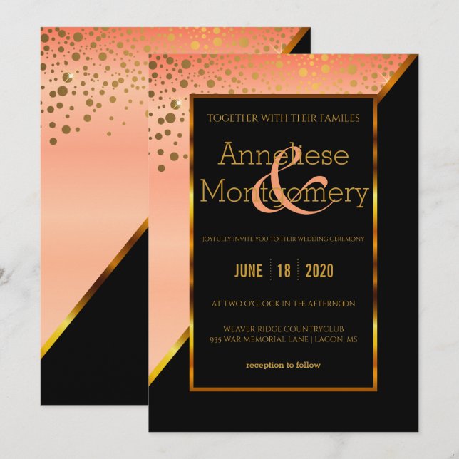 Invitación a la boda de puntos de oro en negro y b (Anverso / Reverso)
