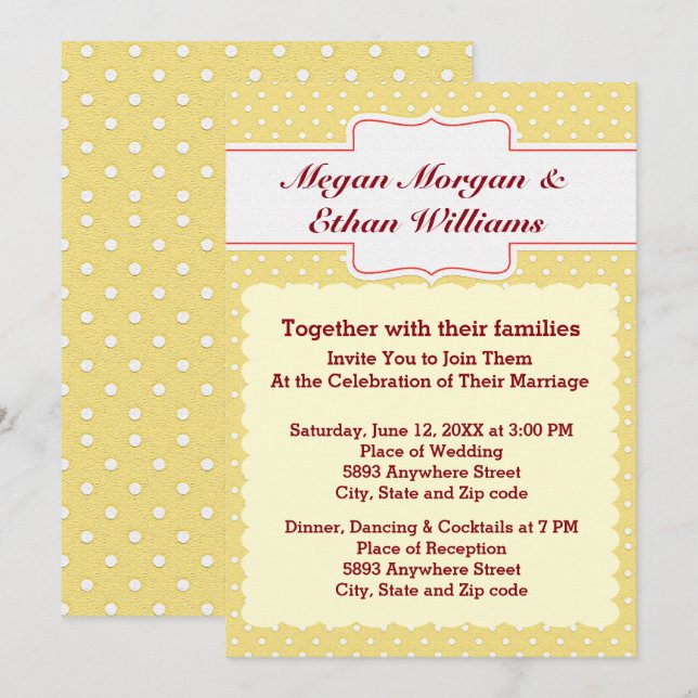 Invitación a la boda de puntos de polka amarilla y (Anverso / Reverso)