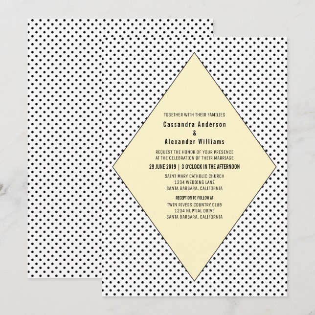 Invitación a la boda de puntos de polka amarillo m (Anverso / Reverso)