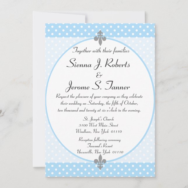 Invitación a la boda de puntos de polka azul del c (Anverso)